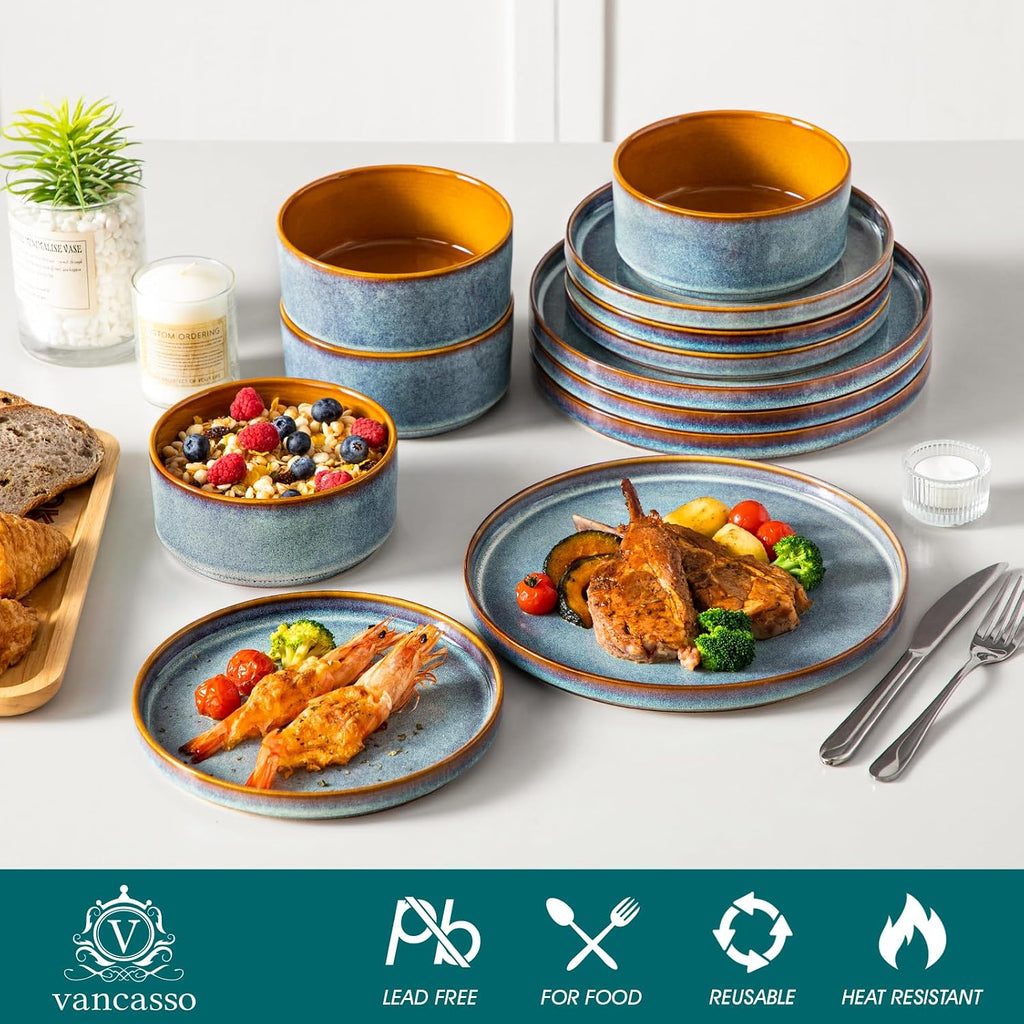 ONION Ceramic Plates and Bowls Sets for 4, 12 Pieces Stoneware Dinnerware Sets – close-up