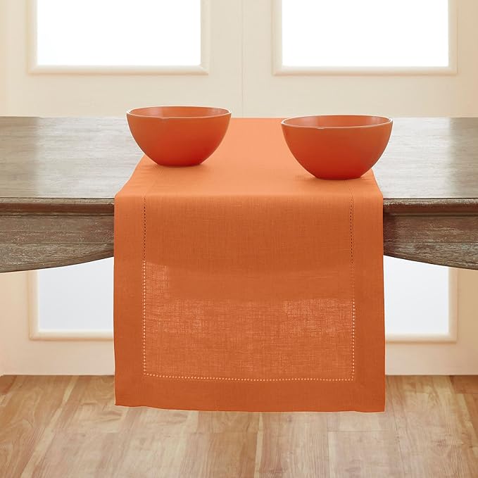 Table Runner in Pumpkin Pure Linen, 14 x 60 Inch Hemstitch