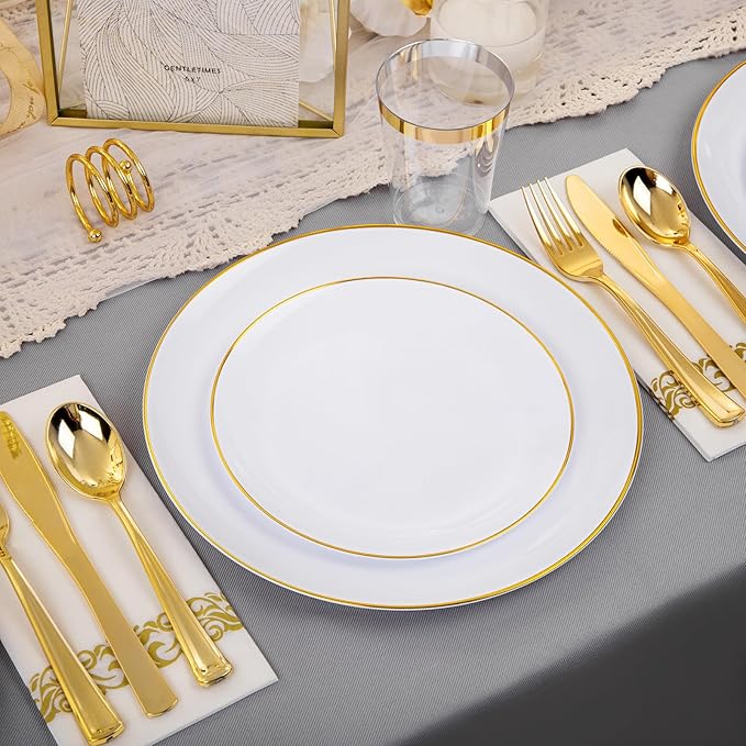 Plastic Plates with Gold Rim, 350-Piece White Disposable Dinnerware Set for 50