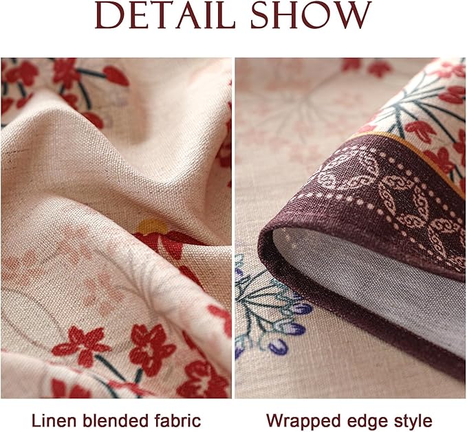 Round Tablecloth, 67-Inch, Polyester-Linen Blend, Vintage Red Floral Pattern