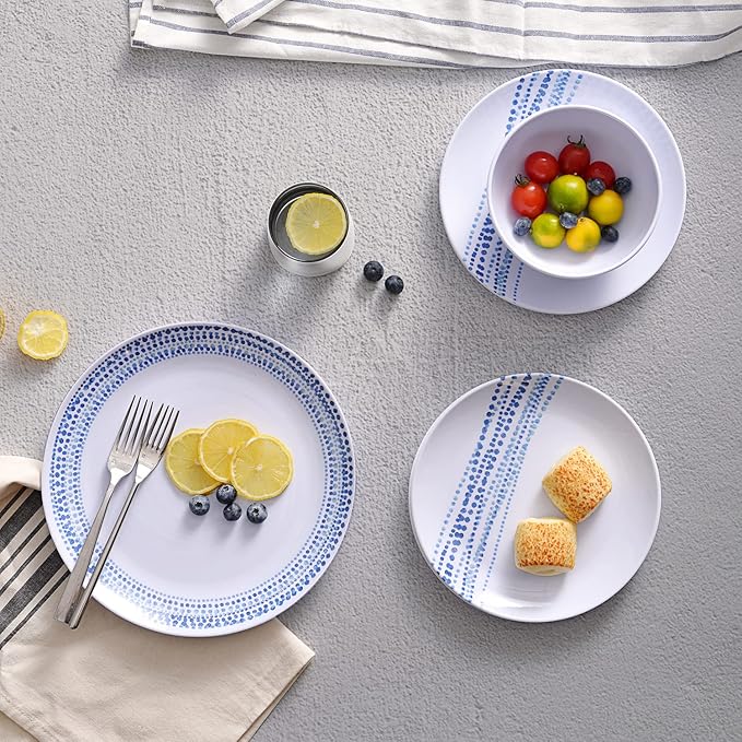 Melamine Dinnerware Set for 4, 12-Piece Blue Raindrop Plates and Bowls