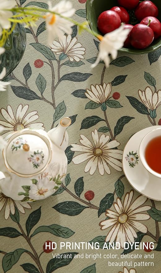 Round Tablecloth 67 Inch Linen-Blend Floral Design for Dining Tables