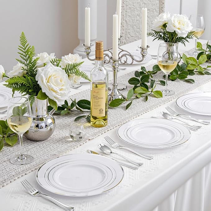 Party Plates Set for 50 Guests in White and Silver Hard Plastic