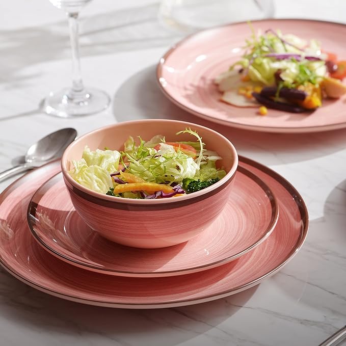 Melamine Dinnerware Set, 12 Piece Pink Round Plates and Bowls for 4