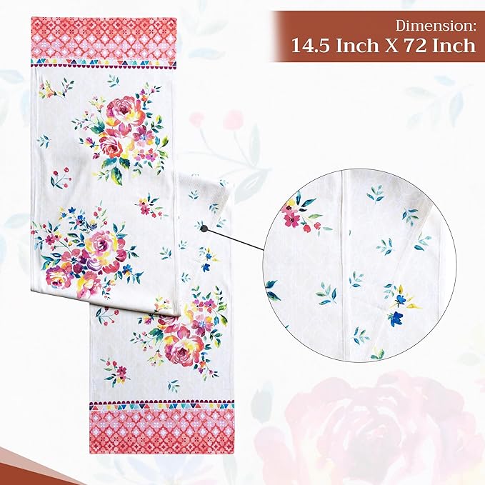 Table Runner, 100% Cotton, 14.5 x 72 Inch Double Layer, Rose Garden