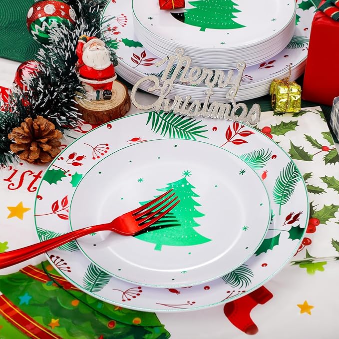 Disposable Christmas Plates Set, Green Tree Pattern, 176 Pieces
