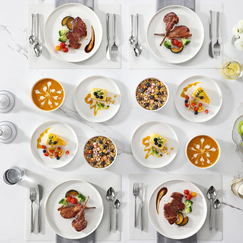 12 Pieces Porcelain Dinnerware Set, Modern White Dish Set for 4, Premium – size reference