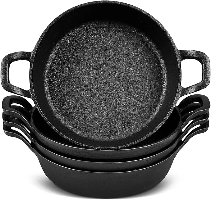 Cast Iron Skillet 4-Pack, 7 Inch Black Mini Pans with Double Loop Handles