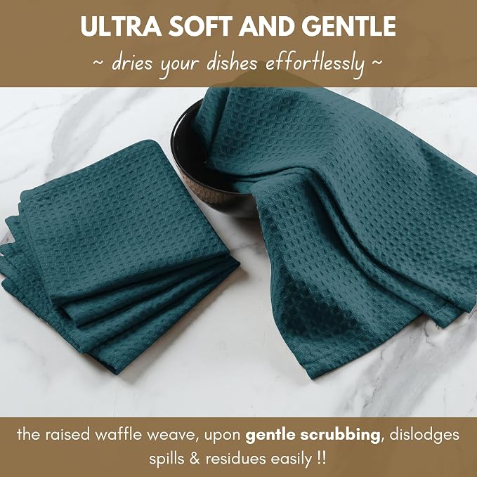 Dish Towels Teal Green Cotton Waffle Weave, 4-Pack 16x26 in