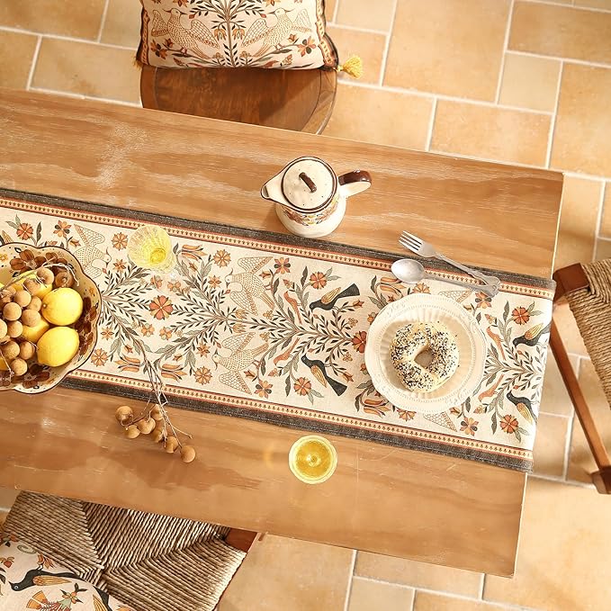 Yellow Floral Linen Table Runner, 12 x 71 Inches, Folk Art Bird Design