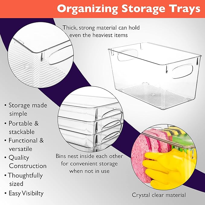 Kitchen Storage Bins, Clear Stackable Plastic with Handles, 10x6x5 Inch