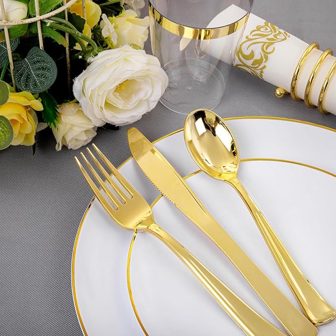 Plastic Plates with Gold Rim, 350-Piece White Disposable Dinnerware Set for 50