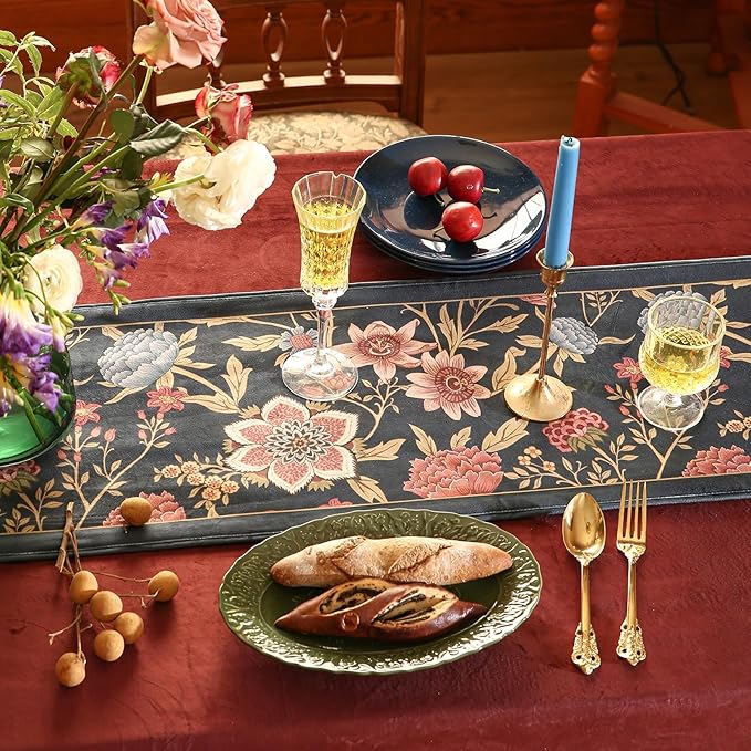 Velvet Table Runner, Floral Bouquet Design, 12 x 71 Inch Polyester
