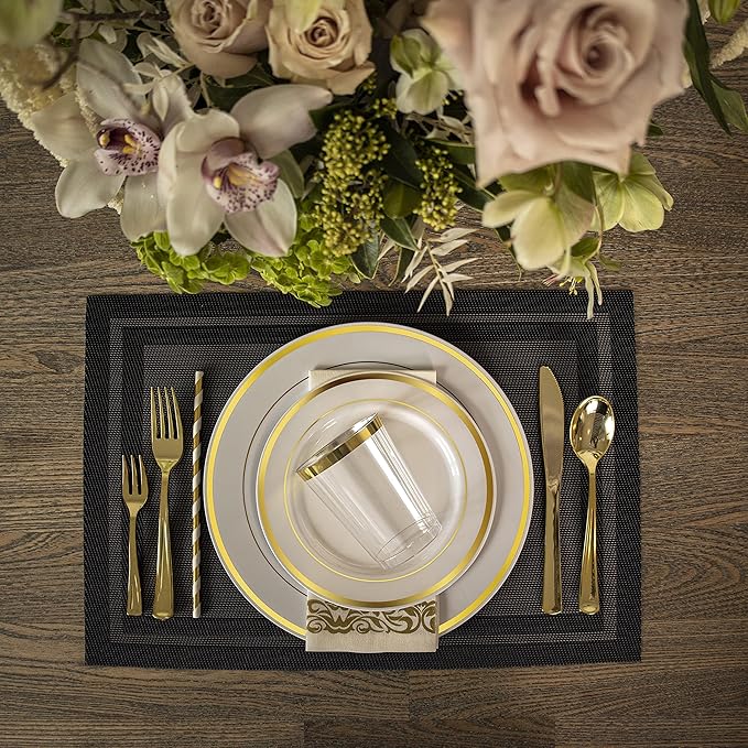 Plates Set with Gold Rim, 100 Pieces, BPA-Free Plastic
