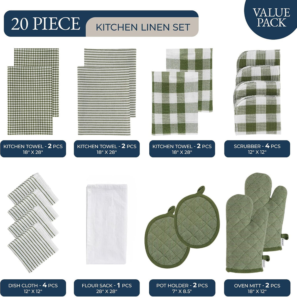 Dish Towel and Dish Cloth Set, 20 Piece with Oven Mitts, Olive Cotton