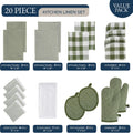Dish Towel and Dish Cloth Set, 20 Piece with Oven Mitts, Olive Cotton
