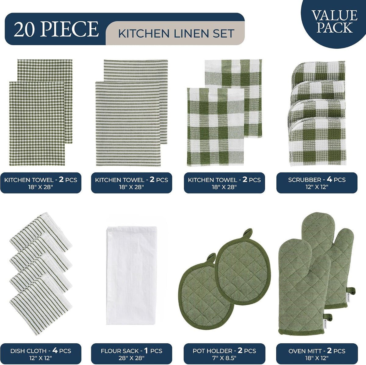 Dish Towel and Dish Cloth Set, 20 Piece with Oven Mitts, Olive Cotton