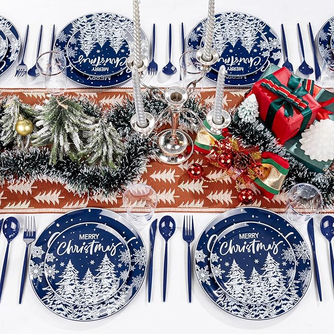 Plates Set, 150 Pieces, Blue Christmas Dinnerware with Snow Forest Design