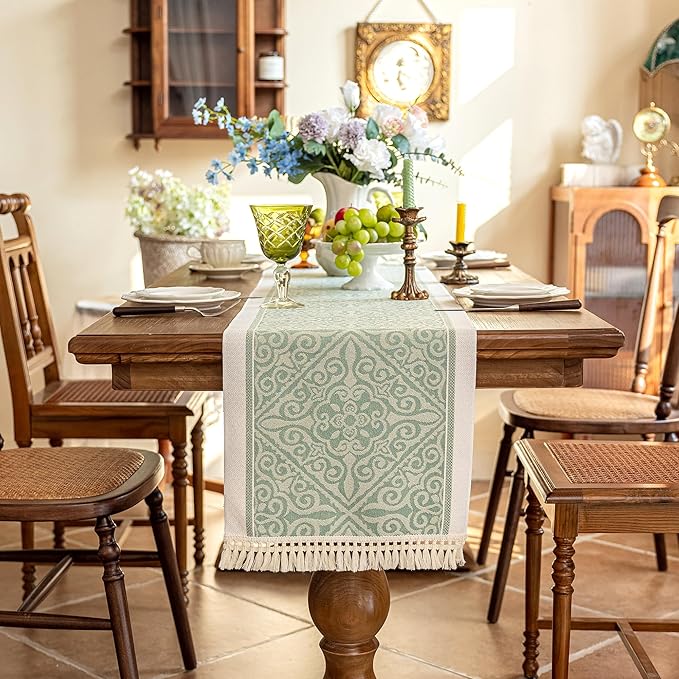 Table Runner, Green Boho with Fringe, Polyester, 14 x 72 Inches