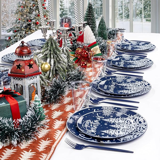 Plates Set, 150 Pieces, Blue Christmas Dinnerware with Snow Forest Design