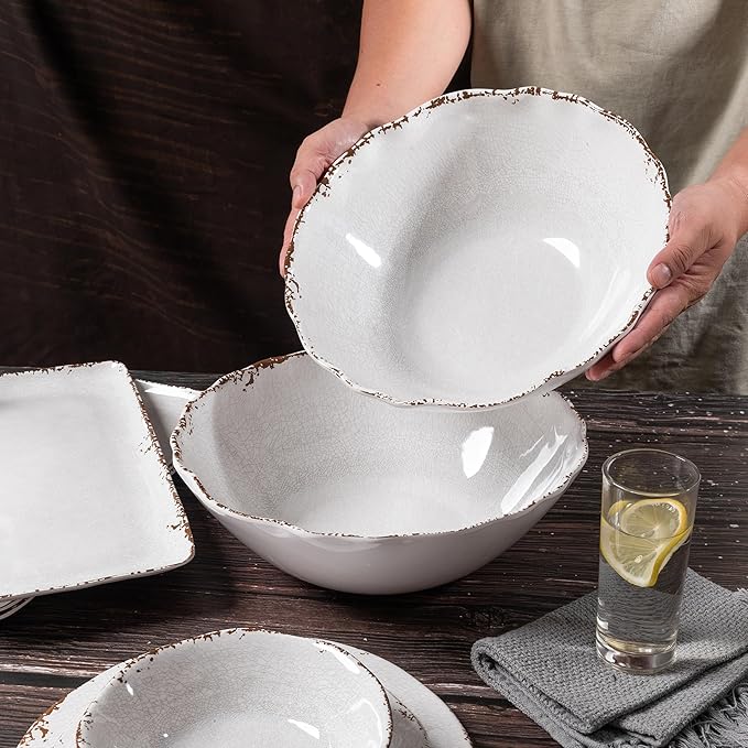 Salad Bowls, 12-Inch Melamine Set in Rustic White