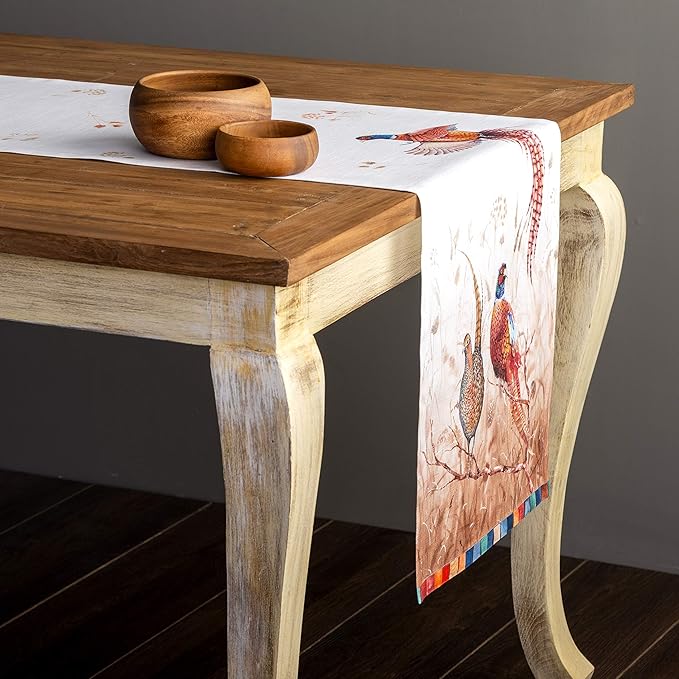 Cotton Table Runner 14.5 x 90 Inch, Faisan D'Automne Watercolor Design