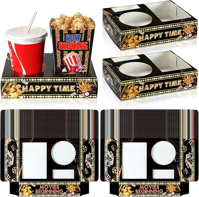Movie Snack Bowls 36 Pack, Black and Gold Disposable Paper Trays