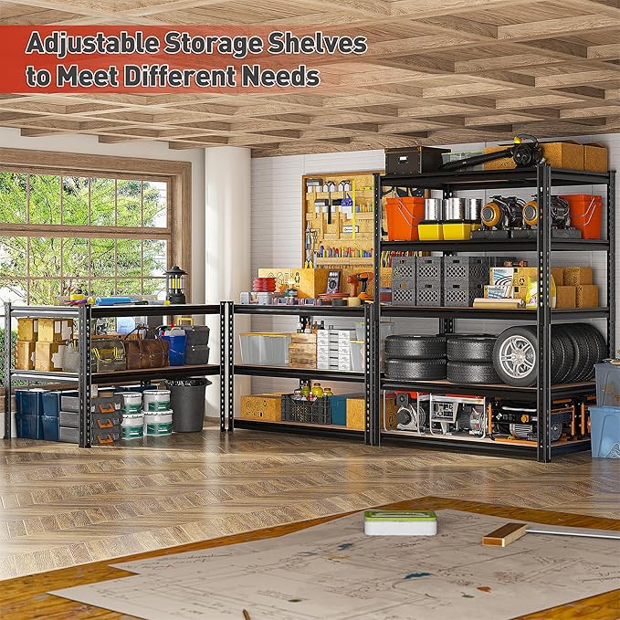 Standing Shelf Unit, 5 Tier, 72 Inch Tall, Black Metal, 2400 lb Capacity