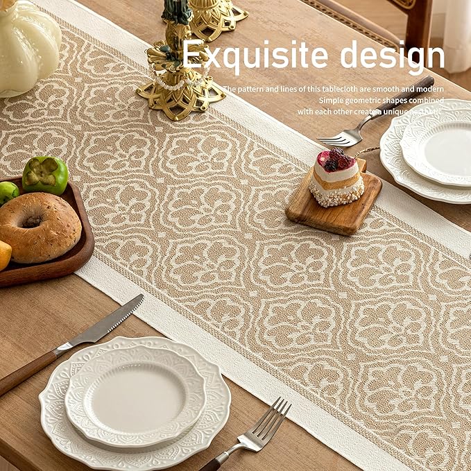 Coffee Polyester Table Runner, 14 x 95 Inch Geometric Fringed Design