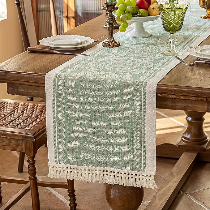 Table Runner, 14 x 107 Inches, Green Polyester Boho Style