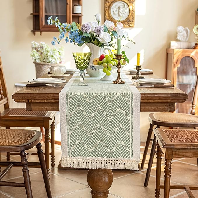 Table Runner 14 x 83 Inch Green Polyester Boho with Fringe Trim
