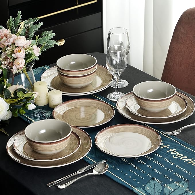 Brown Melamine Dinnerware Set for 4, 12 Pieces, Dishwasher Safe
