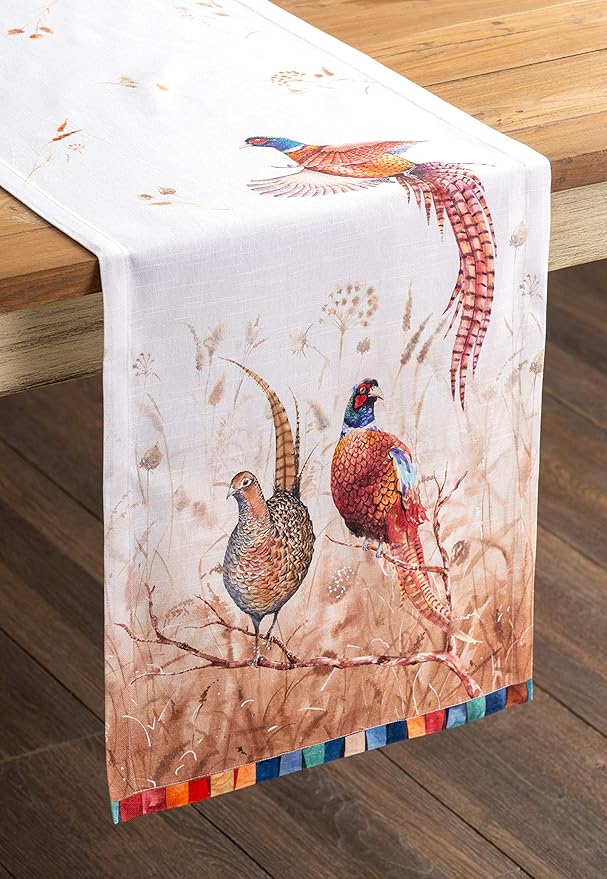 Cotton Table Runner 14.5 x 90 Inch, Faisan D'Automne Watercolor Design