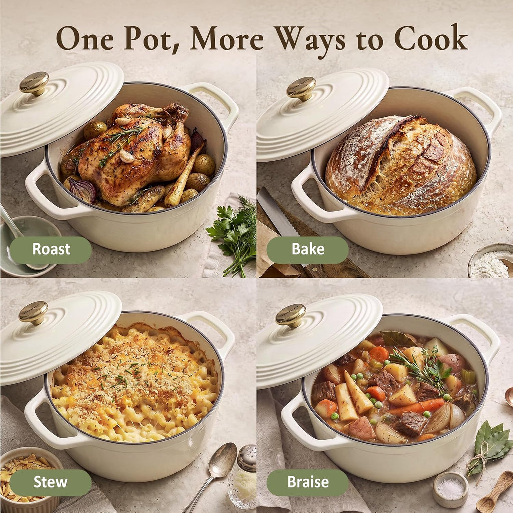 Enameled Cast Iron Dutch Oven - 5.5QT Pot with Lid Cookbook & Cotton Potholders – size reference