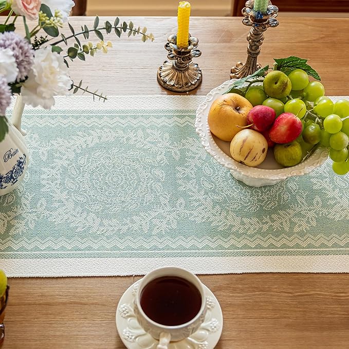 Table Runner, Green Boho Polyester, 14 x 95 Inch with Fringe
