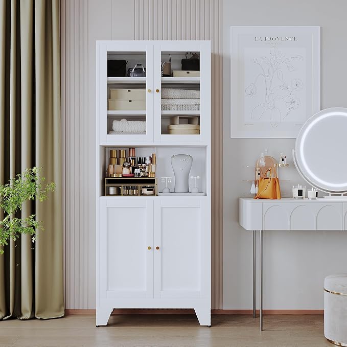 Pantry Cabinet 69 Inch Tall White Glass with Microwave Shelf