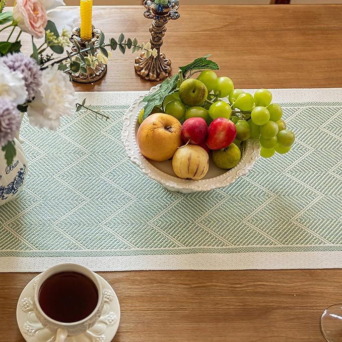 Table Runner 14 x 107 Inches, Polyester Boho Style with Fringe Trim