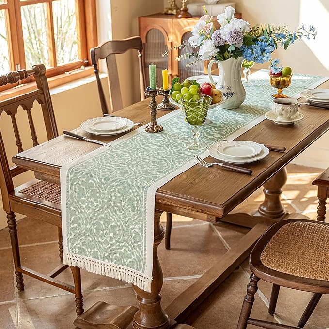 Table Runner 14 x 83 Inch Green Polyester Boho Runner