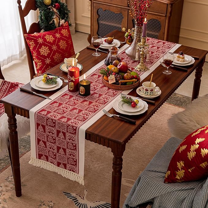 Table Runner in Red Polyester, 14 x 107 Inches, Fringed Edges