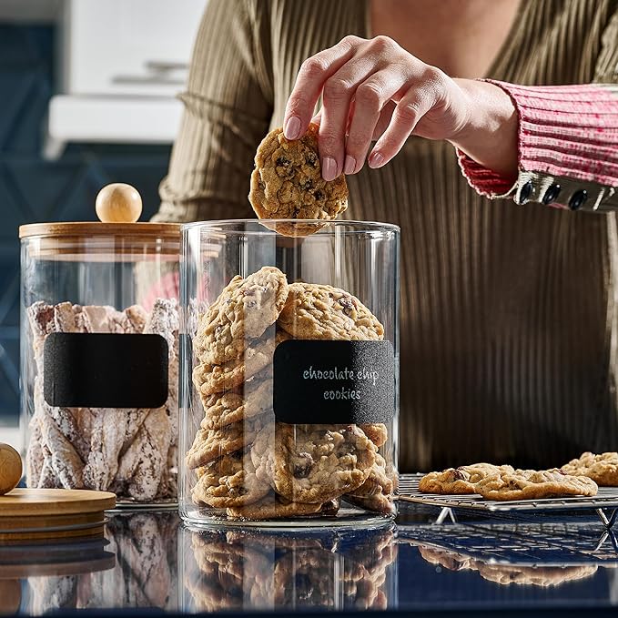 Cookie Jars Set of 2 Clear Glass Canisters with Bamboo Lids