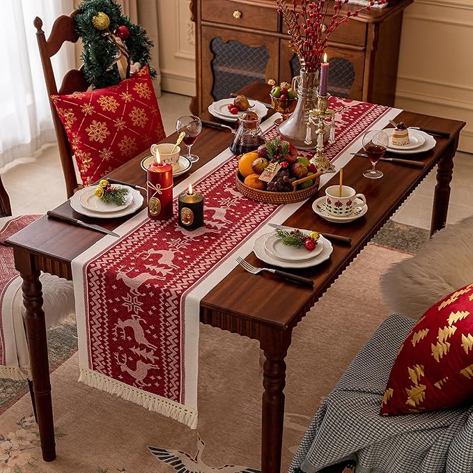 Polyester Table Runner, 14 x 138 Inch Fringed Boho Design