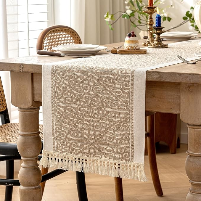 Table Runner 14 x 107 Inch, Coffee Polyester Boho with Fringe