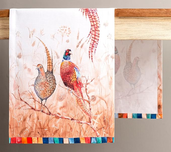 Cotton Table Runner 14.5 x 90 Inch, Faisan D'Automne Watercolor Design