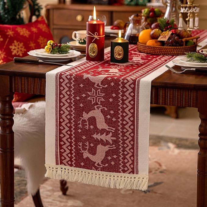 Polyester Table Runner, 14 x 107 Inch Fringed Boho Style