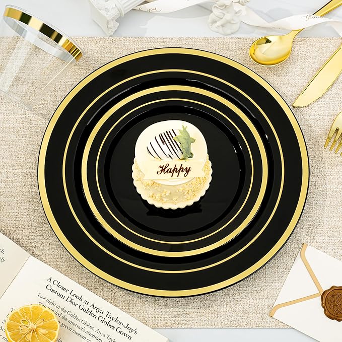 Disposable Plates Set, Black with Gold Rim, 600 Pieces for 100 Guests