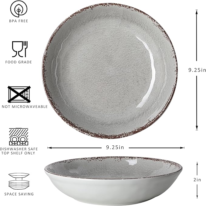 Pasta Bowls, 9.25 Inch Melamine Farmhouse Set of 6 in Rustic Gray