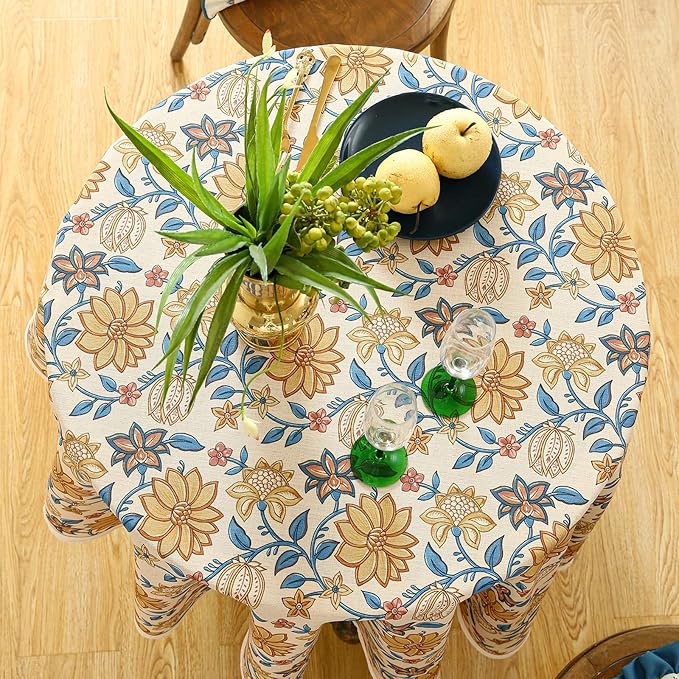 Round Tablecloth, 55 Inch Floral Linen-Blend, Wrinkle-Resistant