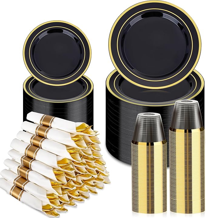 Plates: Black and Gold Disposable Set, 350 Pieces for 50 Guests