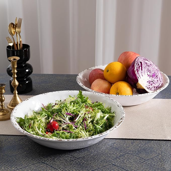 Serving Bowls 2-Pack, 13.75-Inch Ivory Melamine with Rustic Crackled Finish