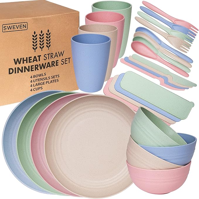 Dinnerware Set Wheat Straw Multicolor Unbreakable Microwave Safe